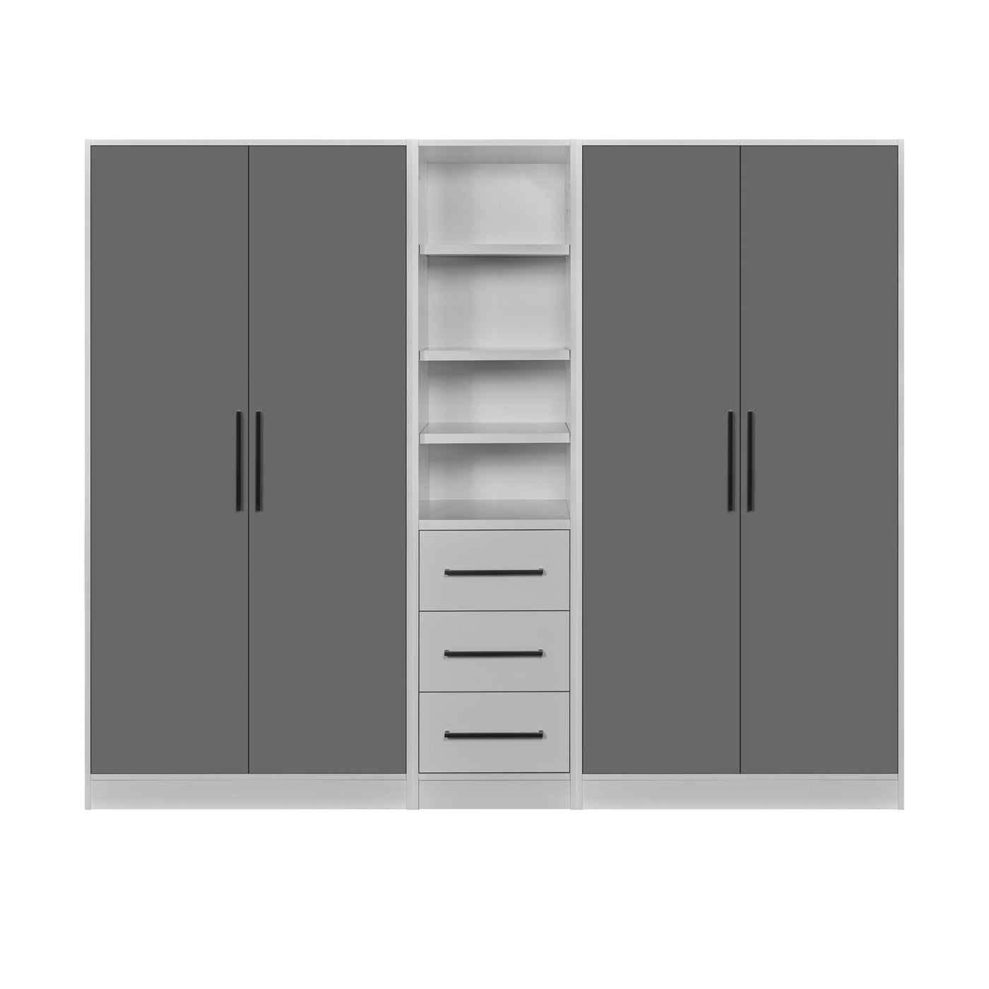 Rangement Systemix en décor papier sur panneaux de particules BLANC / ANTHRACITE, ensemble complet de face avec deux armoires anthracite à deux portes et colonne centrale blanche à niches et trois tiroirs