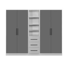 Rangement Systemix en décor papier sur panneaux de particules BLANC / ANTHRACITE, ensemble complet de face avec deux armoires anthracite à deux portes et colonne centrale blanche à niches et trois tiroirs