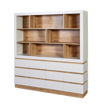 Rangement Urbino en panneaux revêtus WIT (blanc), ensemble complet buffet et vaisselier vu de trois quarts, façades fermées sur fond neutre