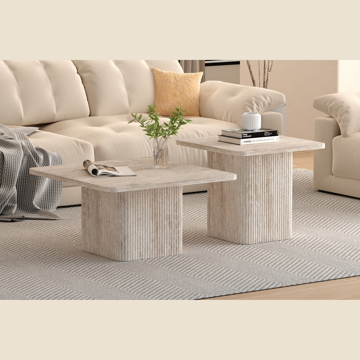 Set de 2 tables basses Bobby — Décor travertin beige