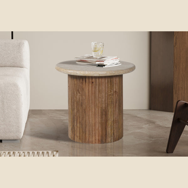 Table d'appoint Louis — 50 cm, manguier et travertin