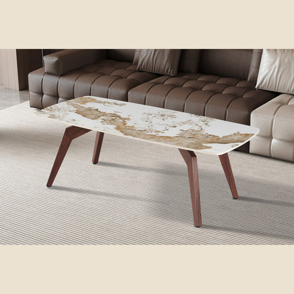 Table basse Alma 120 cm — Brillant beige, pied noyer