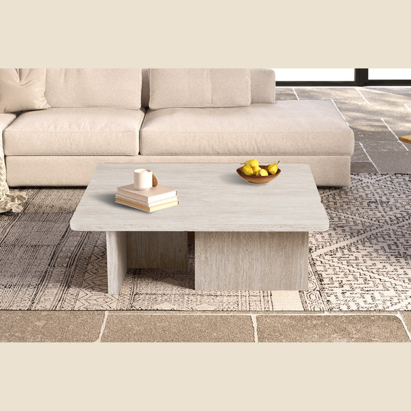 Table basse Arallo 120×120 — Travertin ou chêne