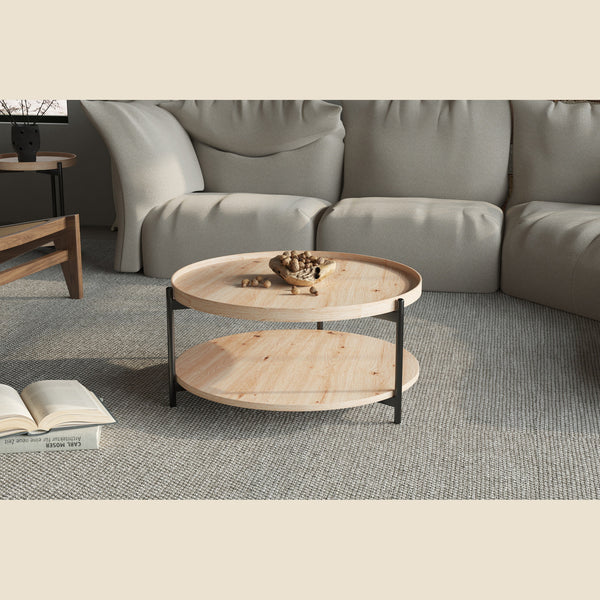 Table basse Dalina — Plateau rond, décor chêne vieilli