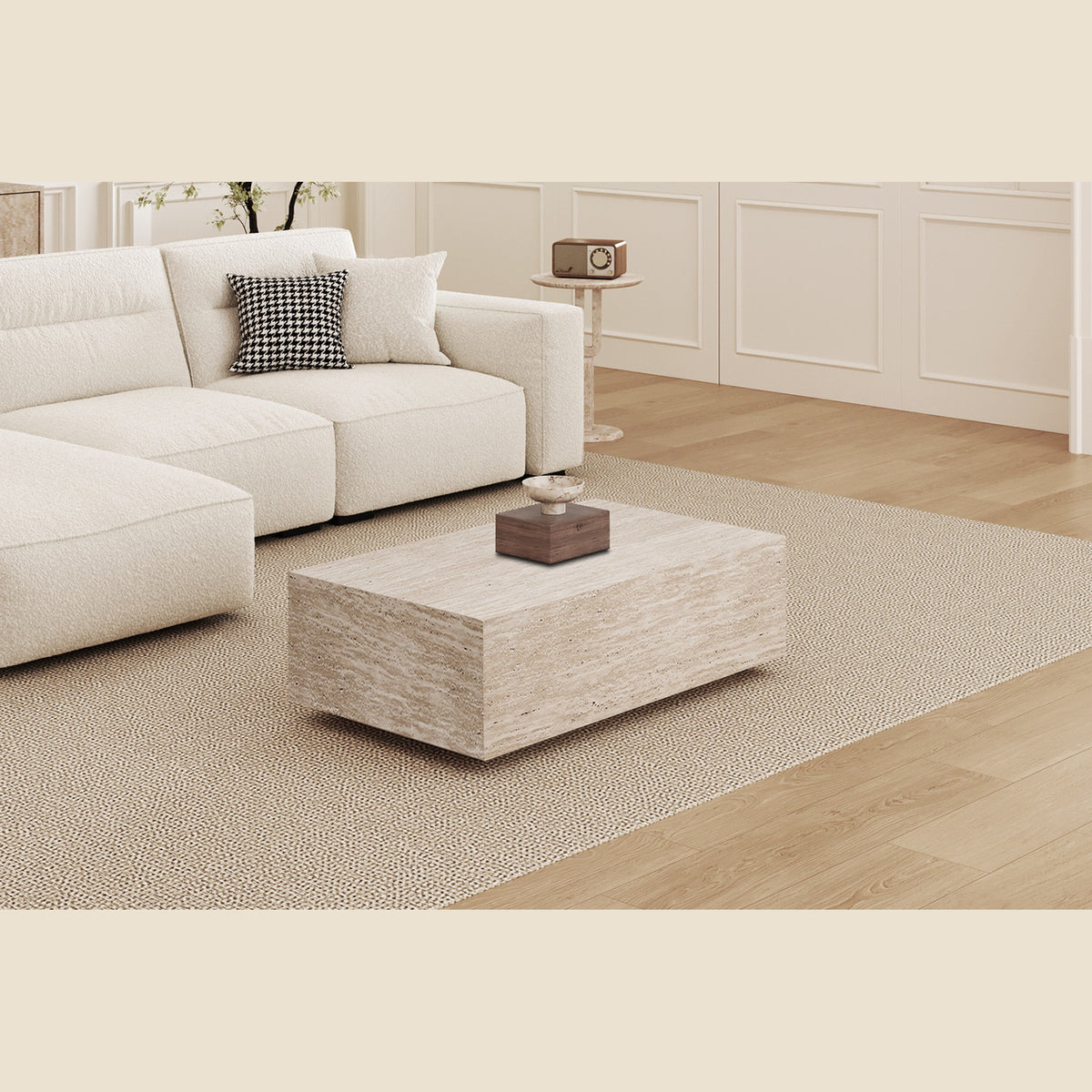 Table basse Jacky — Bloc décor travertin, 120 cm