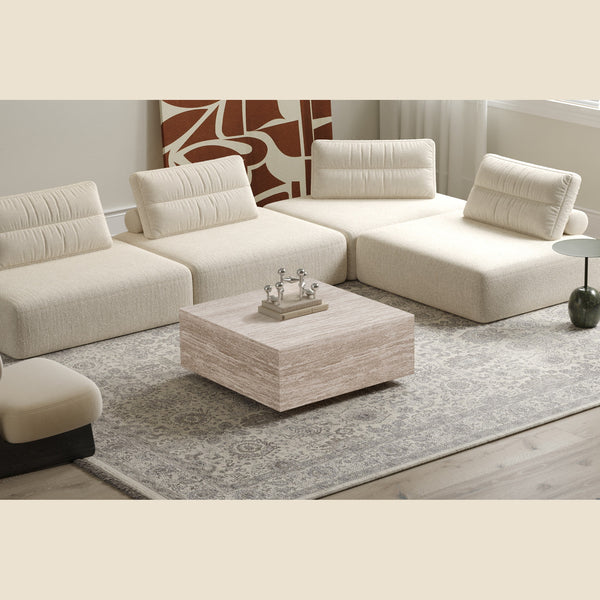 Table basse Jane — Bloc décor travertin, carrée 90 cm