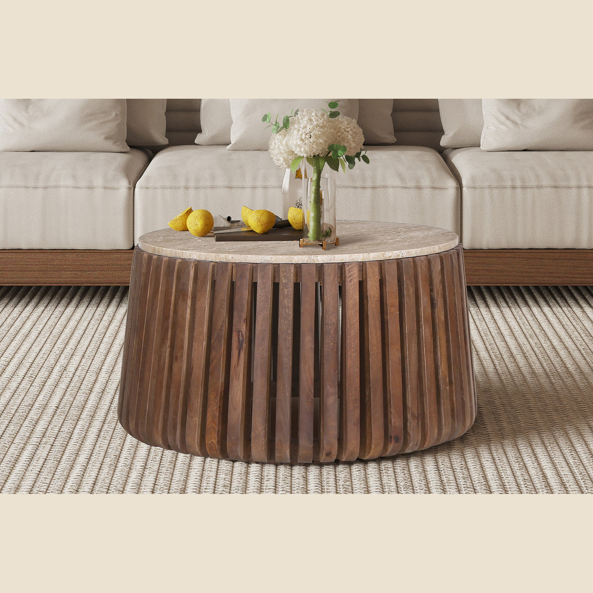 Table basse Luuk — Ronde, manguier et travertin