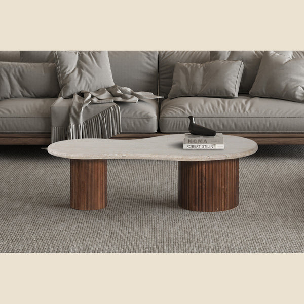 Table basse Marlon — Manguier et travertin, 120 cm