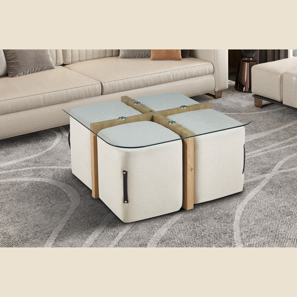 Table basse Shana avec 4 poufs — Verre & chêne