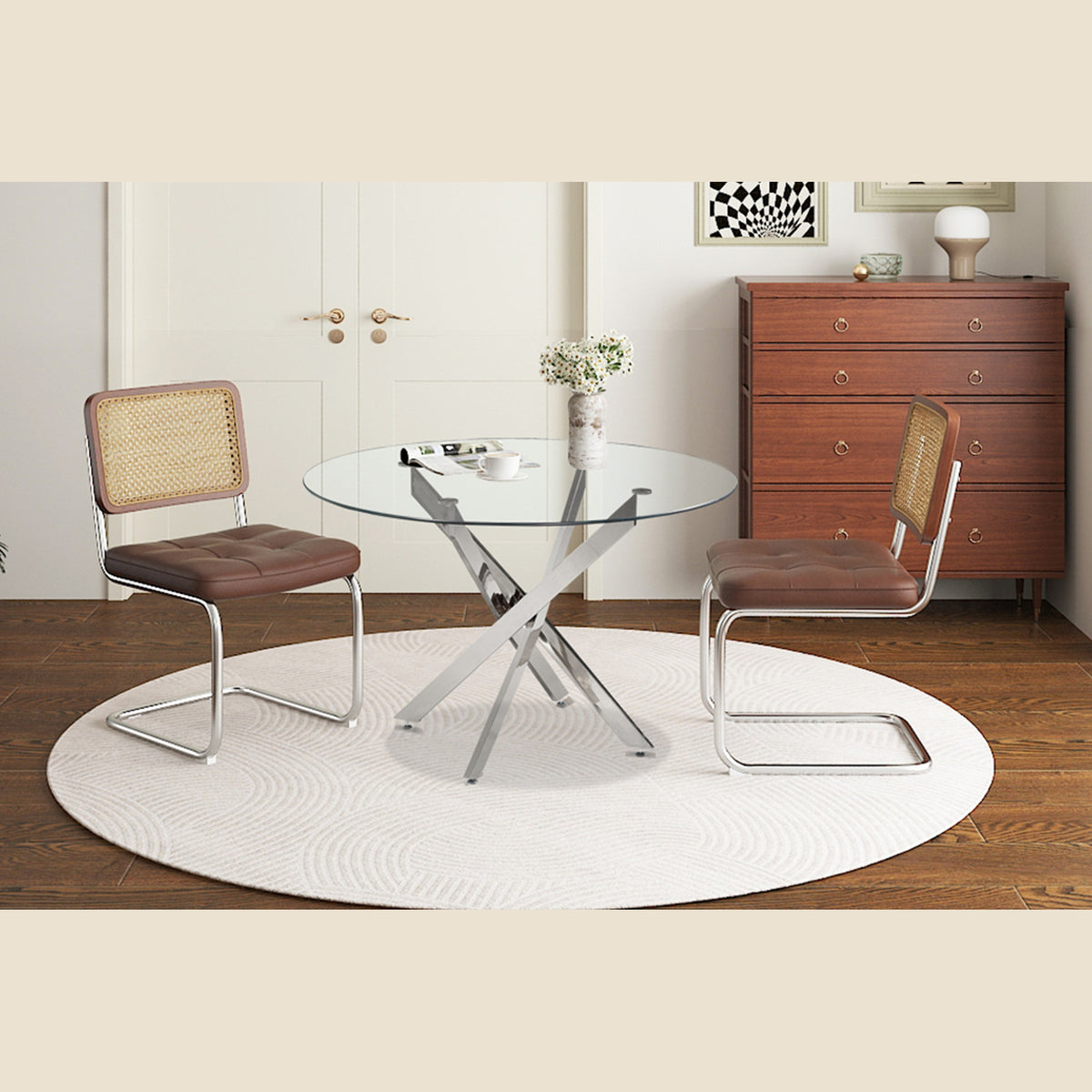 Table Lasi — Verre trempé, pieds chromés