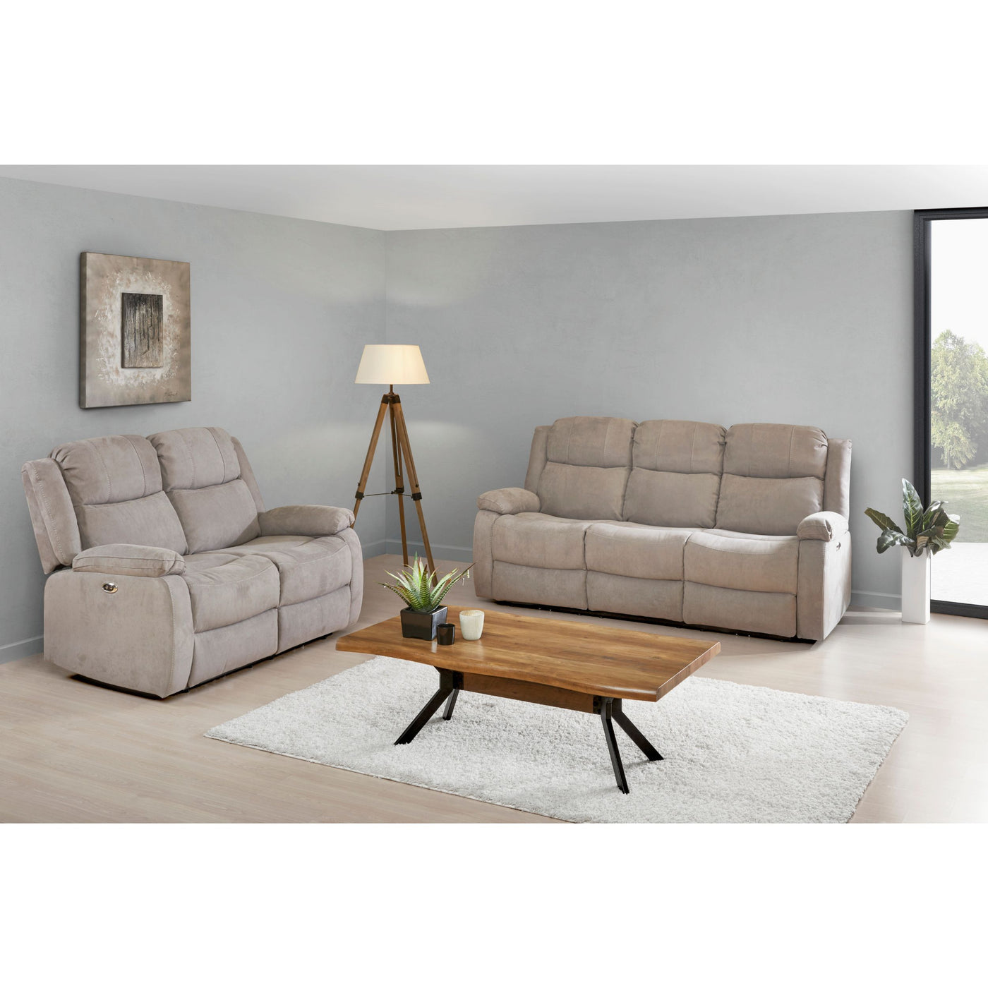 Ensemble salon Jumet RHODES : fauteuil et canapé 3 places en tissu greige, position fermée