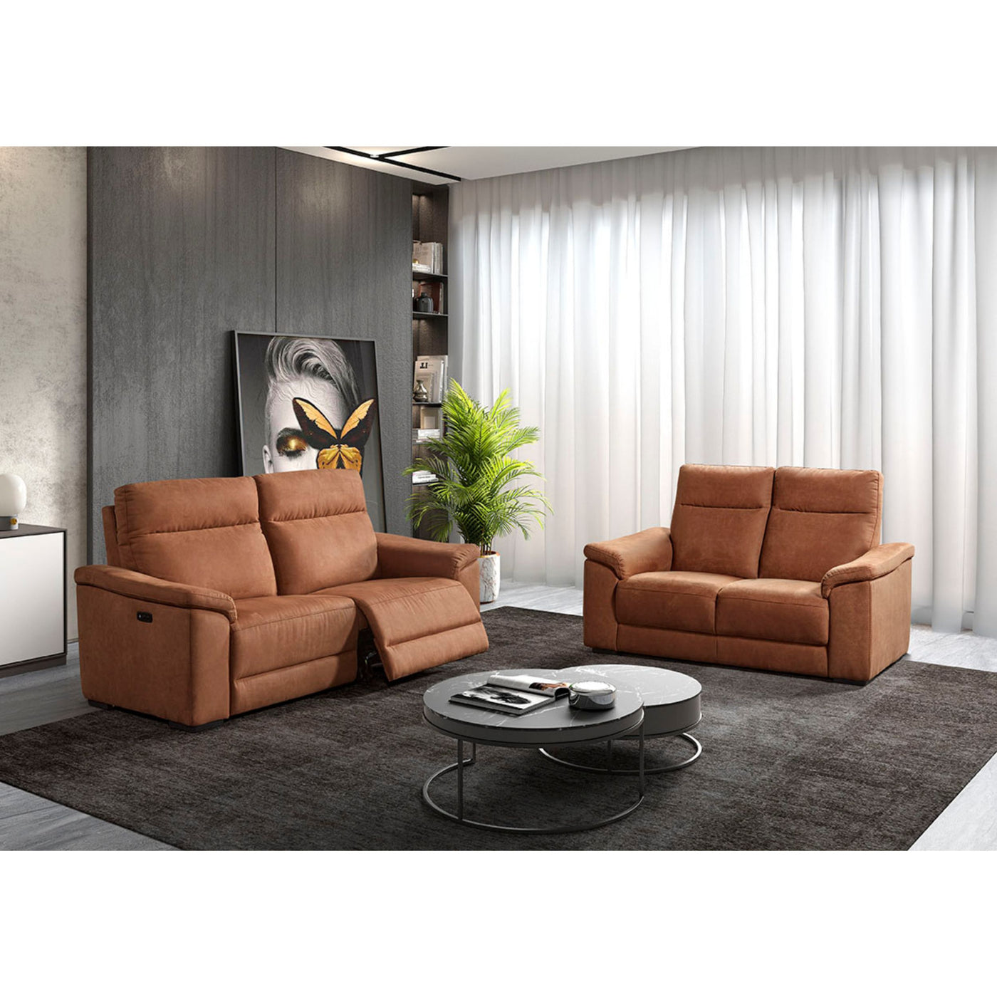 Ensemble canapé Mirabel tissu Cognac — 3 places relax et 2 places fixe vus de face