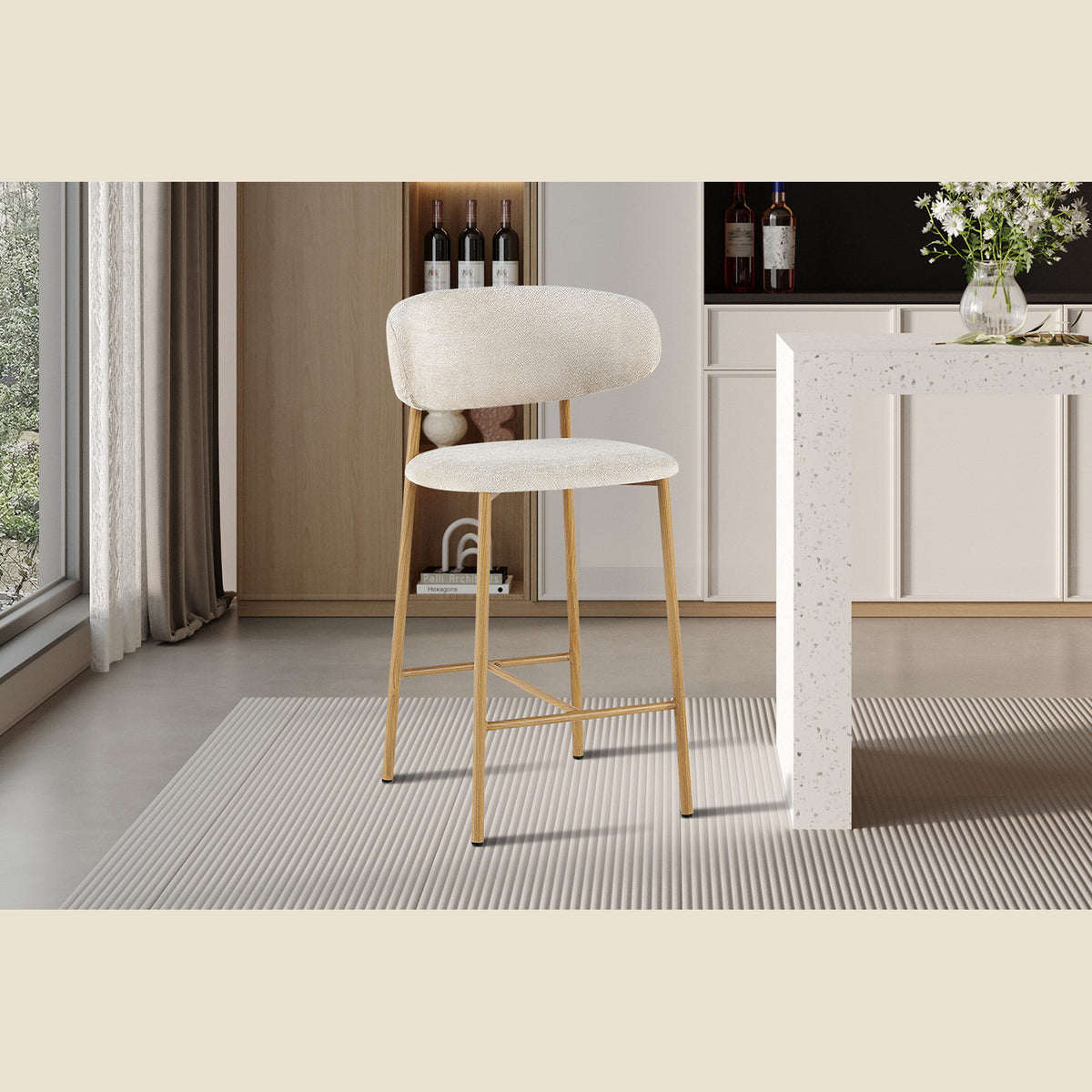 Chaise de comptoir Coco — Tissu chiné, pied naturel ou noyer