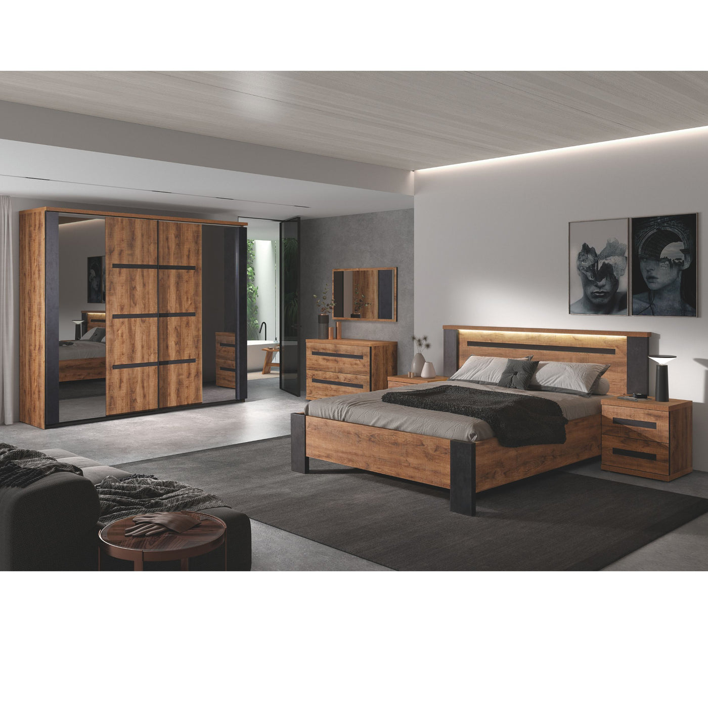 Chambre Pauline DARK STONE vue d'ensemble : armoire coulissante 245 cm, lit double, deux chevets et commode