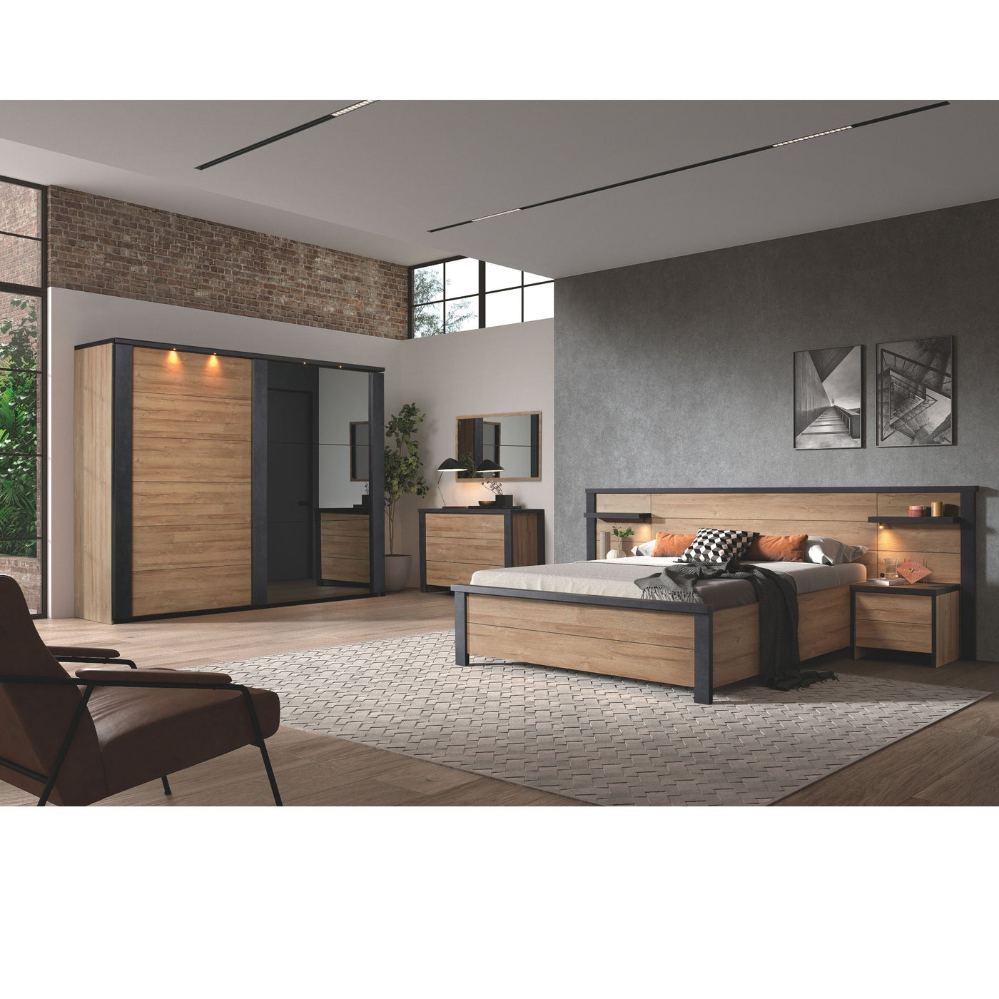 Chambre Phaedra FRENCH OAK / NOX vue large : armoire coulissante, lit avec chevets suspendus et commode