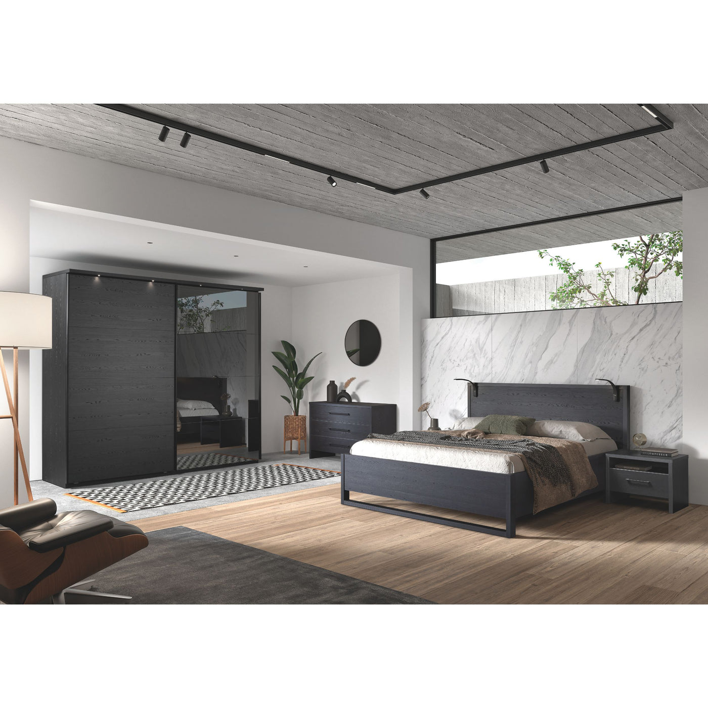 Chambre Rosie NOX : lit double, commode 3 tiroirs, armoire 2 portes coulissantes miroir et chevets assorti