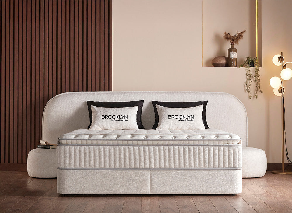 Lit Brooklyn — Boxspring bouclé à coffres de rangement