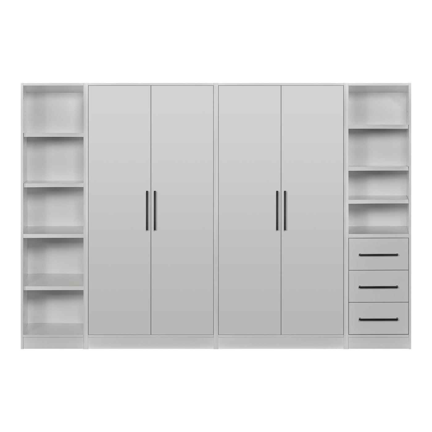 Rangement Systemix en décor papier sur panneaux de particules BLANC / ANTHRACITE, configuration tout blanc de face avec deux armoires deux portes et colonnes d'étagères latérales ouvertes