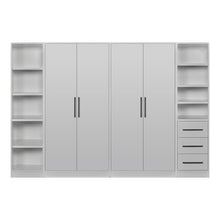 Rangement Systemix en décor papier sur panneaux de particules BLANC / ANTHRACITE, configuration tout blanc de face avec deux armoires deux portes et colonnes d'étagères latérales ouvertes