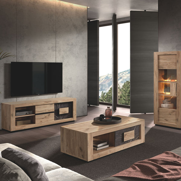Salle à manger Sacha (Canyon Oak / Marmer / Nox), meuble TV et table basse en ambiance salon contemporain