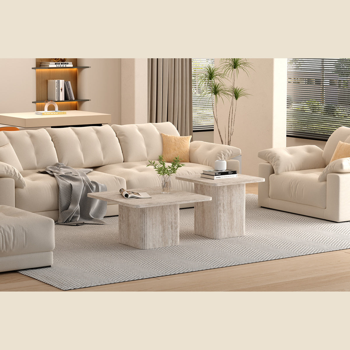 Set de 2 tables basses Bobby — Décor travertin beige