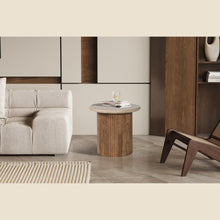 Table d'appoint Louis — 50 cm, manguier et travertin