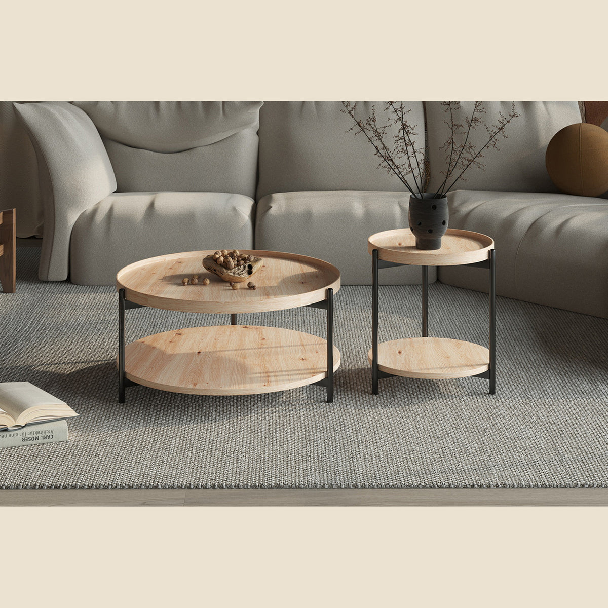 Table basse Dalina — Plateau rond, décor chêne vieilli