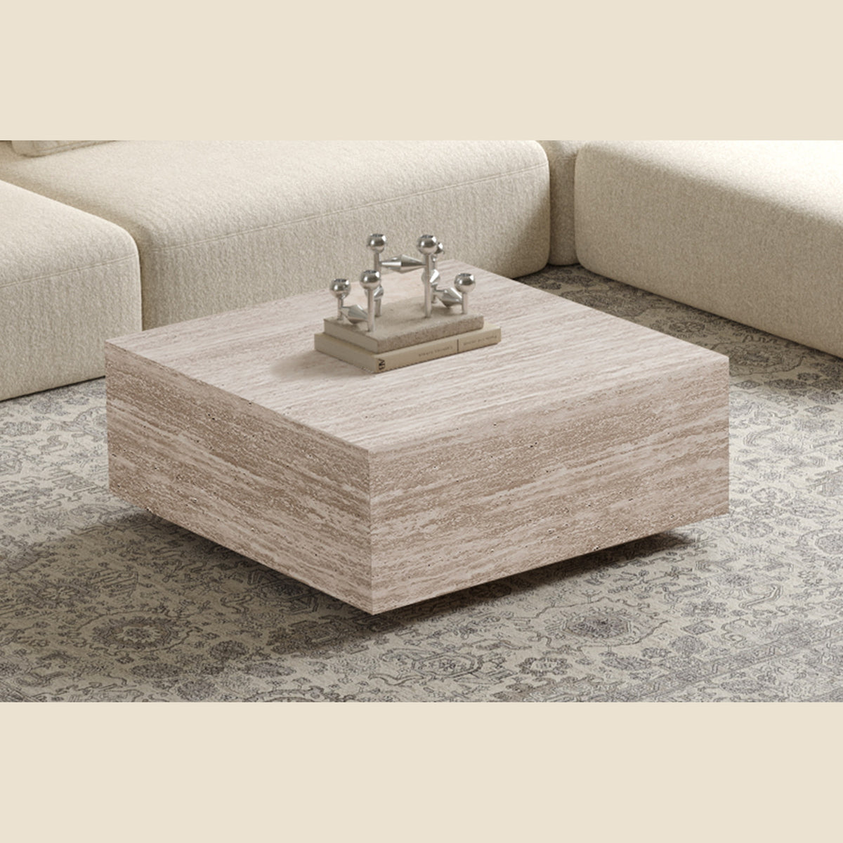 Table basse Jane — Bloc décor travertin, carrée 90 cm