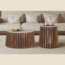 Table basse Luuk — Ronde, manguier et travertin