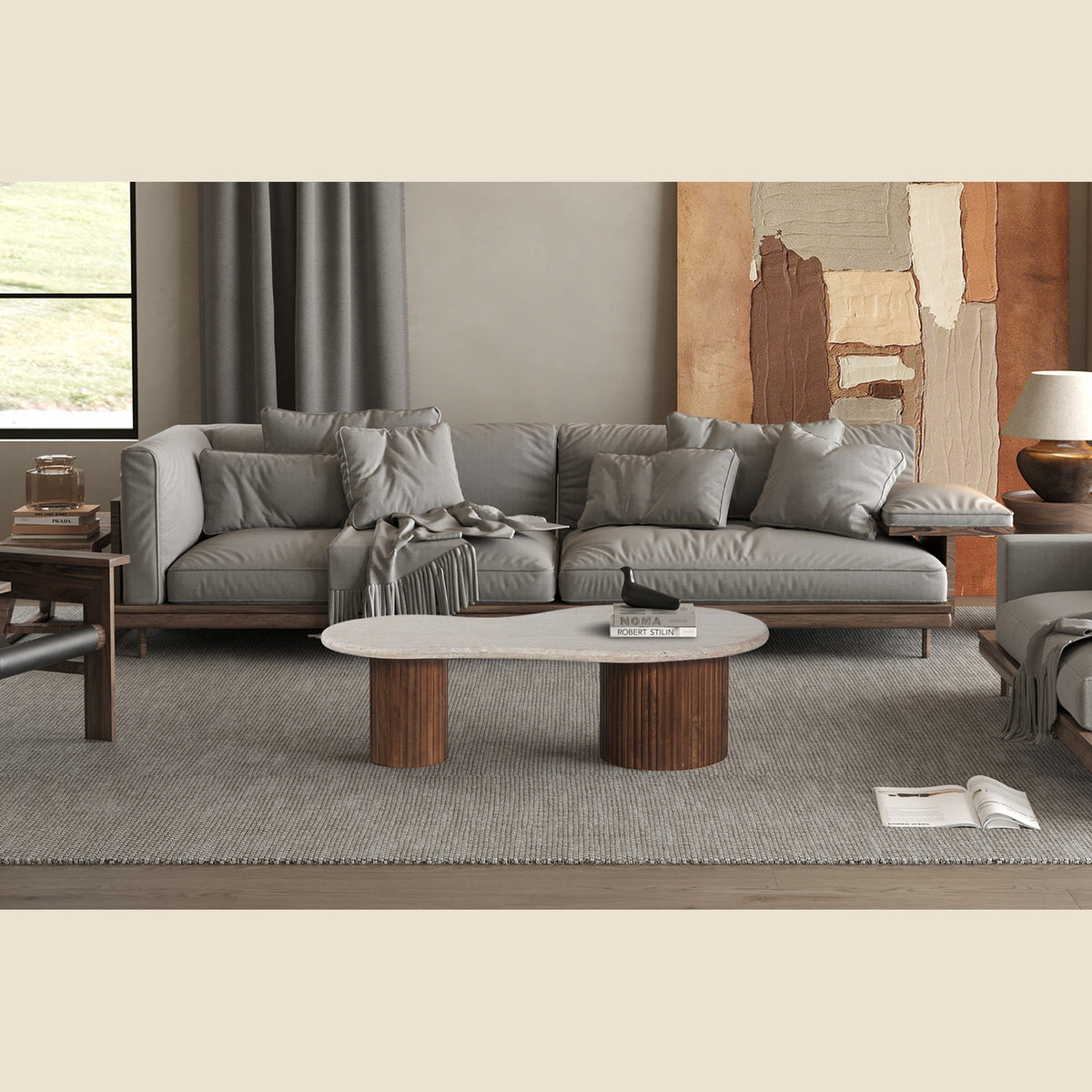 Table basse Marlon — Manguier et travertin, 120 cm