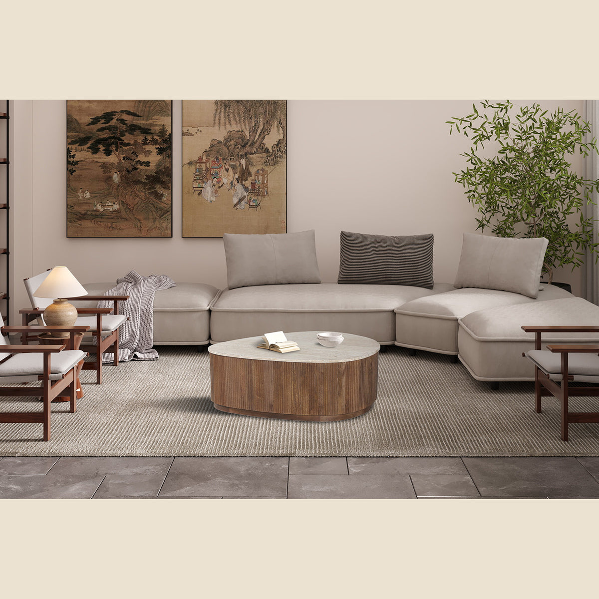 Table basse Nolan — Manguier & travertin