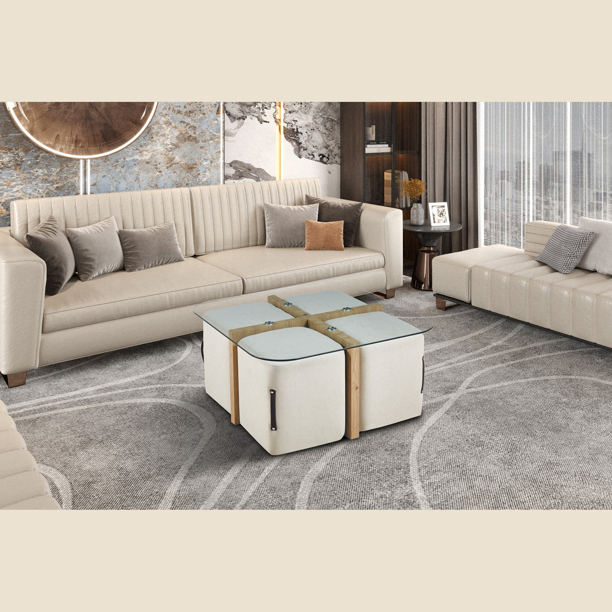 Table basse Shana avec 4 poufs — Verre & chêne
