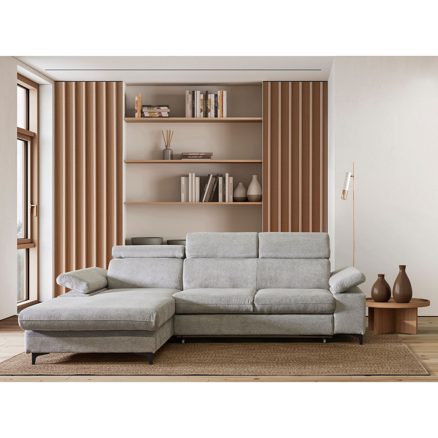 Canapé Macon ARAGON gris clair, méridienne gauche, intérieur scandinave avec mur en lattes de bois