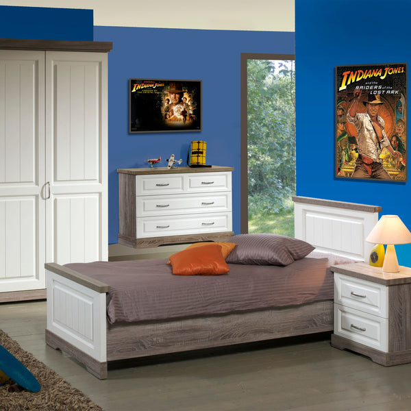 ambiance | Chambre d'enfant Ivette TRUFFLE + PORCELAINE : lit, commode 4 tiroirs, chevet et armoire 2 portes