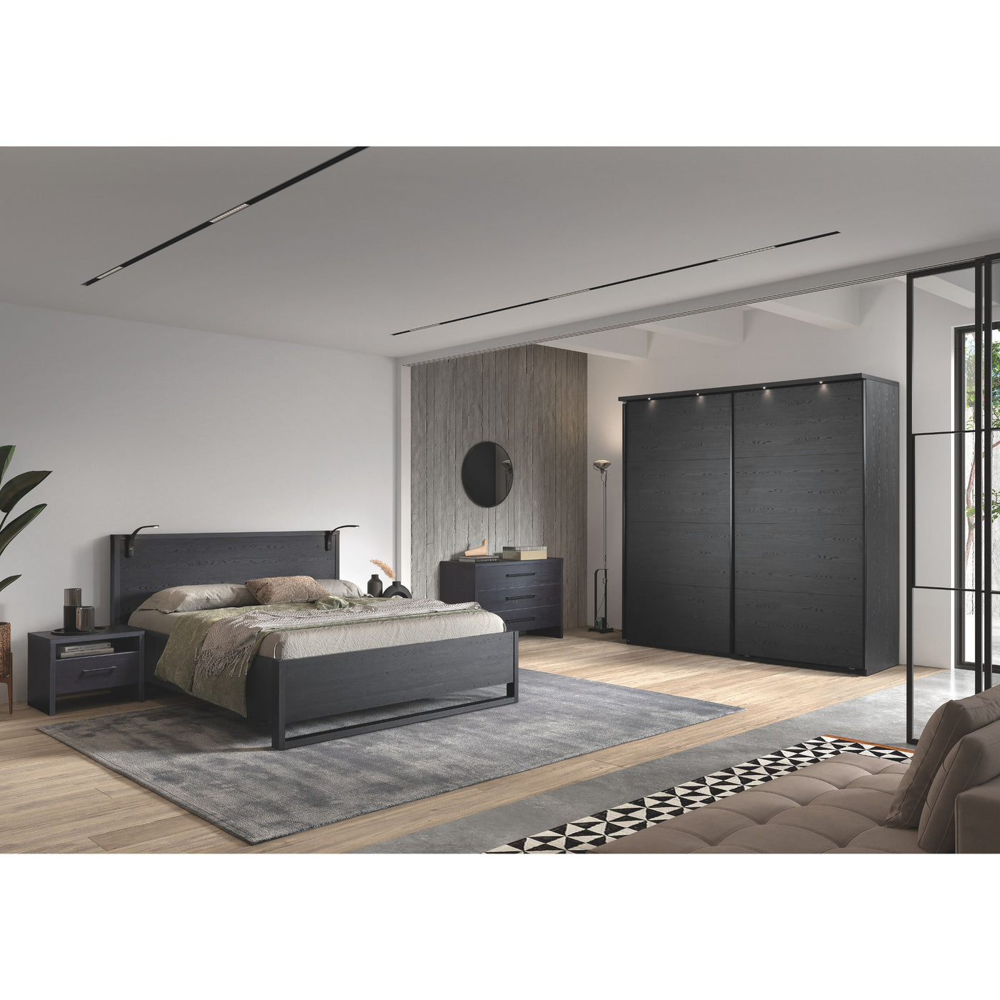 Vue d'ensemble chambre Rosie NOX avec armoire 245 cm coulissante et lit double, éclairage naturel