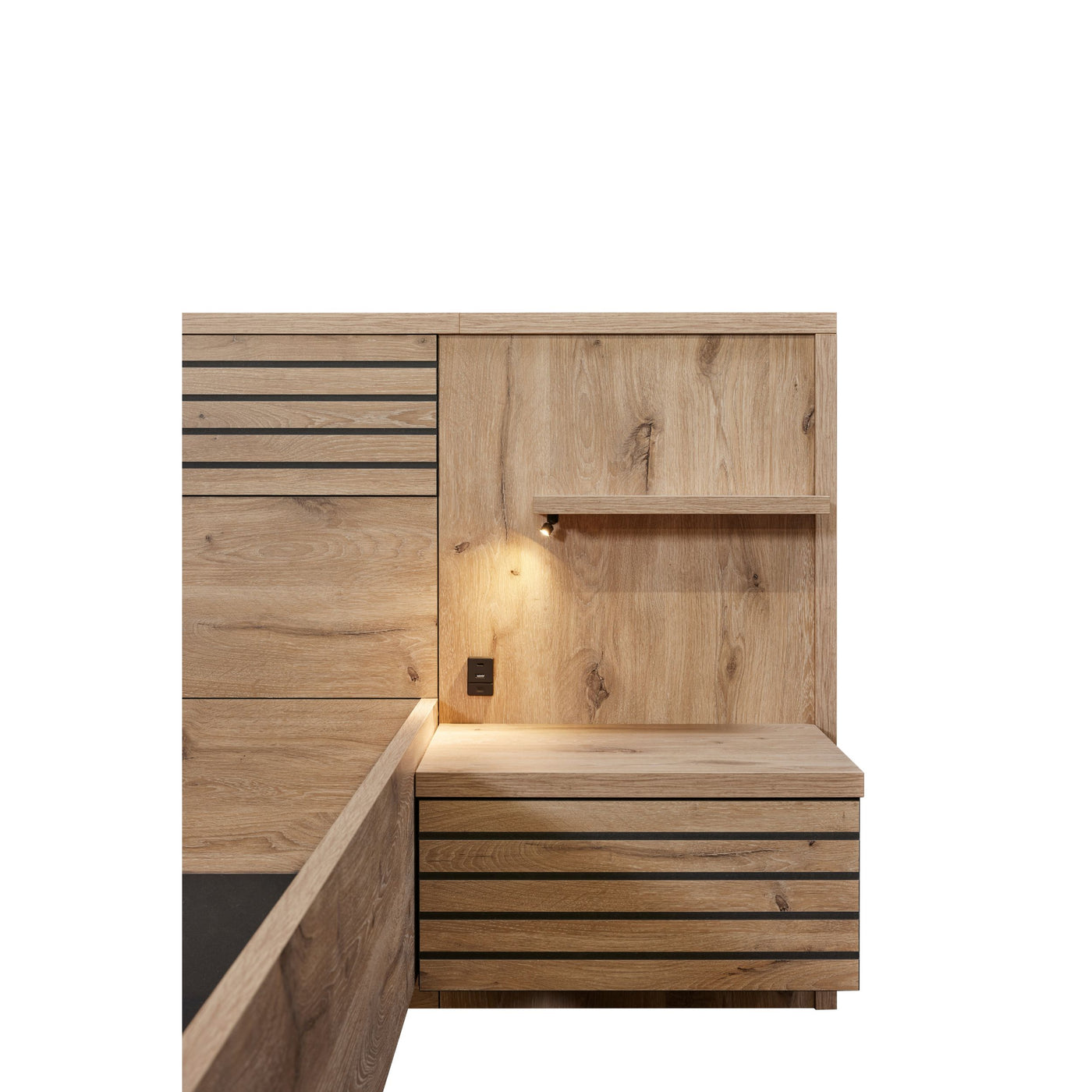 Chevet intégré Tanya CANYON OAK avec étagère ouverte, éclairage LED de lecture et prise USB