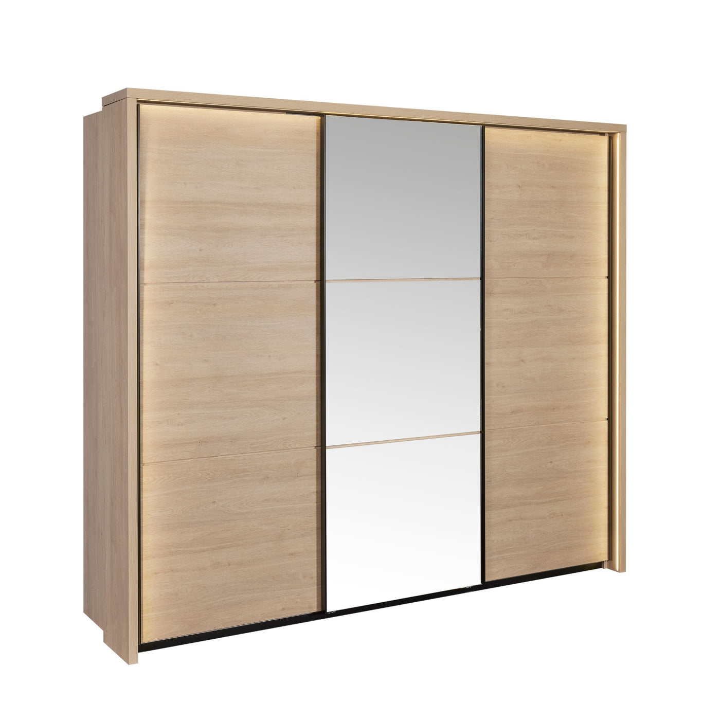 Armoire Udine 3 portes coulissantes URBAN OAK avec miroir central et LED, fermée