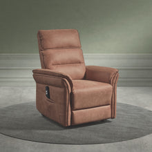 Fauteuil relax Mandelieu en tissu cognac, vue de trois-quarts