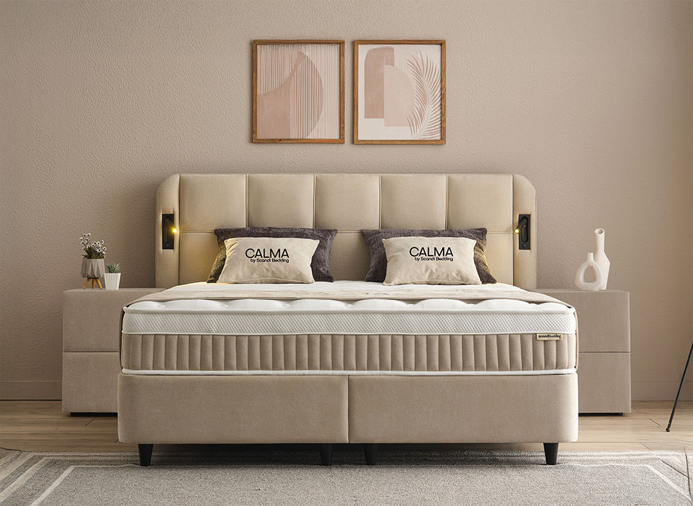 Lit Calma — Boxspring à coffres et tête de lit lumineuse