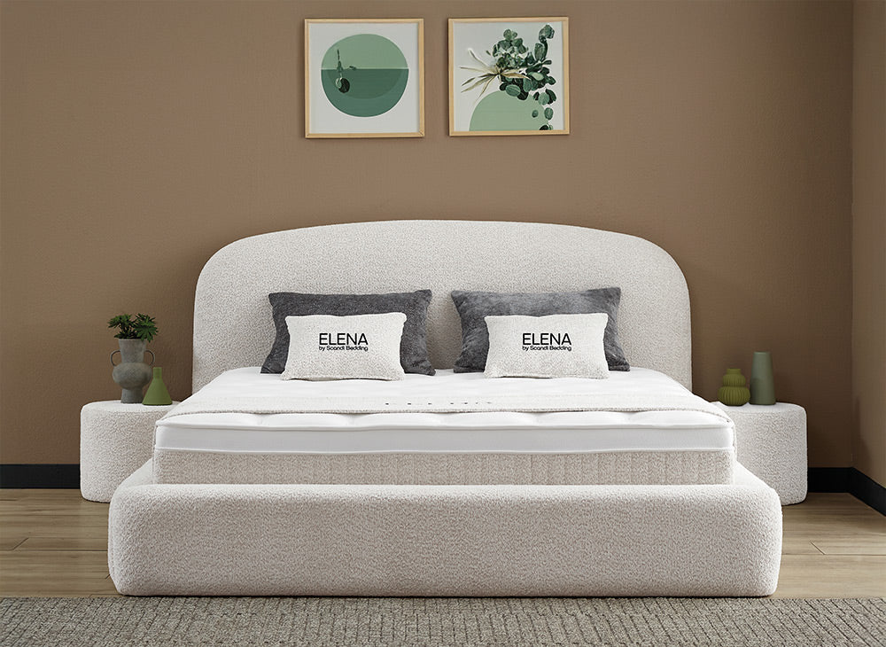 Lit Elena — Boxspring bouclé à coffres de rangement