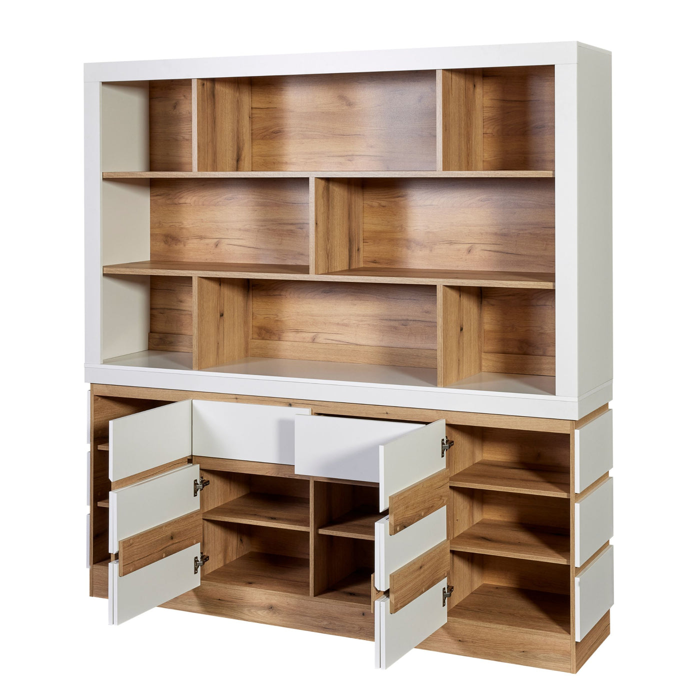 Rangement Urbino en panneaux revêtus WIT (blanc), meuble complet portes et tiroir ouverts révélant les rangements intérieurs en chêne