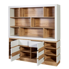 Rangement Urbino en panneaux revêtus WIT (blanc), meuble complet portes et tiroir ouverts révélant les rangements intérieurs en chêne
