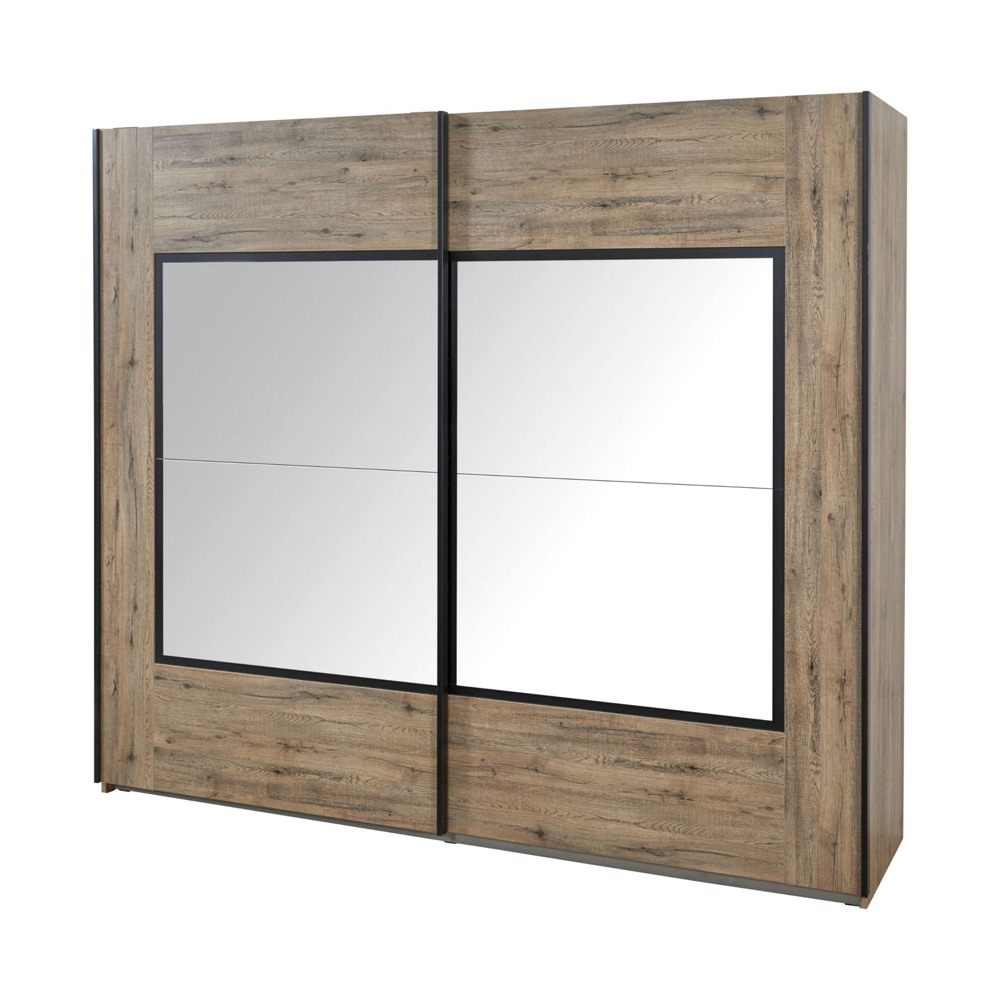 Armoire 2 portes coulissantes Olivia SCARLET OAK avec grands panneaux miroir, profilés noirs mat