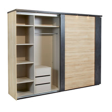 Intérieur armoire Phaedra 217 cm ouverte : module 3 tiroirs CLOUD GREY, penderie et étagères