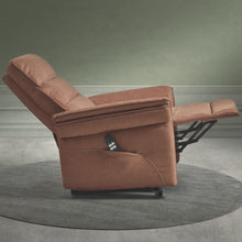 Fauteuil relax Mandelieu en tissu cognac, vue de profil, position relax déployée