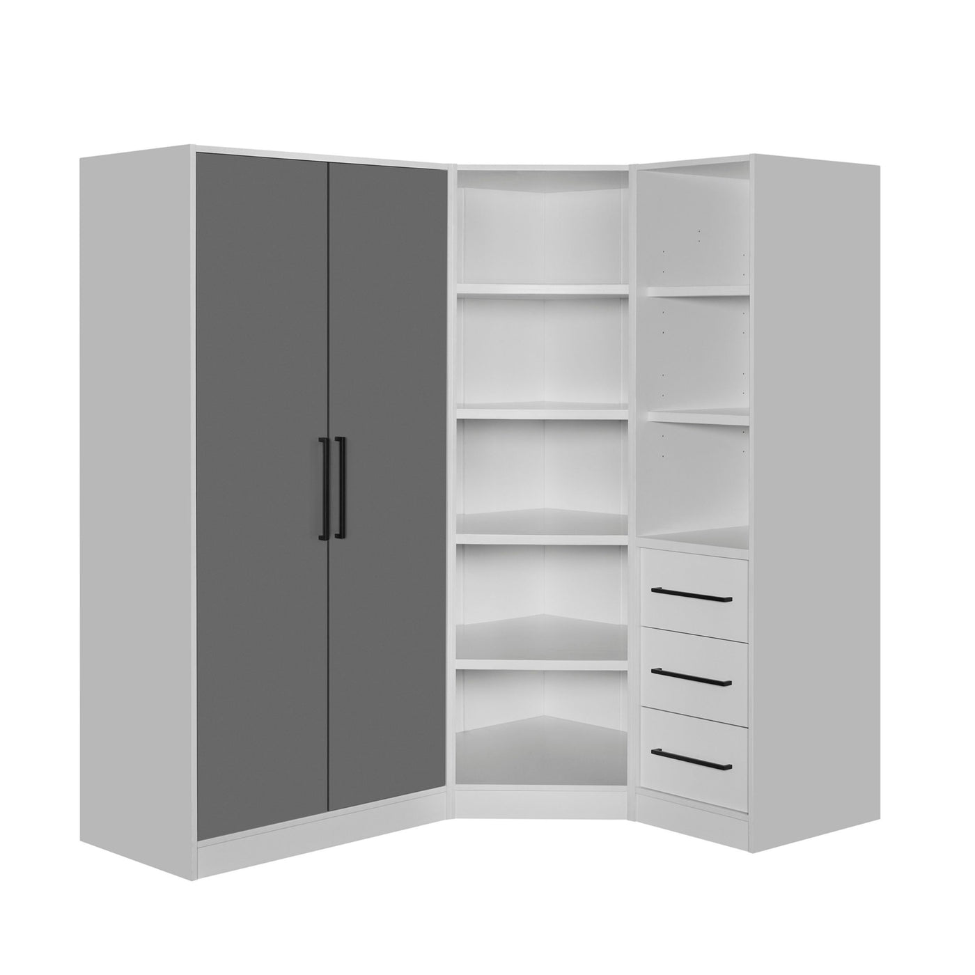 Rangement Systemix en décor papier sur panneaux de particules BLANC / ANTHRACITE, vue de trois quarts d'une composition d'angle compacte associant armoire anthracite, étagères d'angle ouvertes et colonne à trois tiroirs