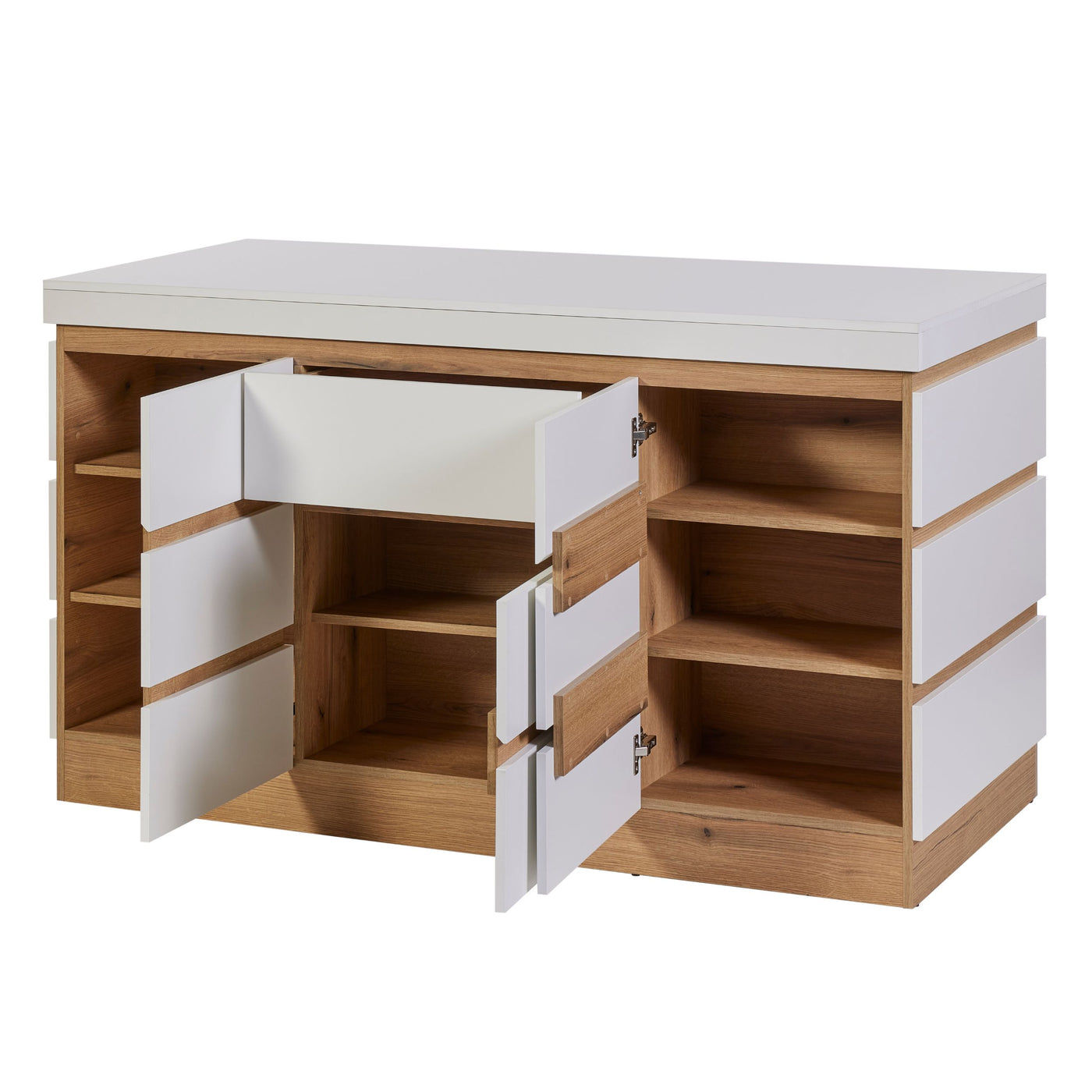 Rangement Urbino en panneaux revêtus WIT (blanc), buffet bas portes ouvertes et tiroir central sorti montrant les étagères intérieures en chêne