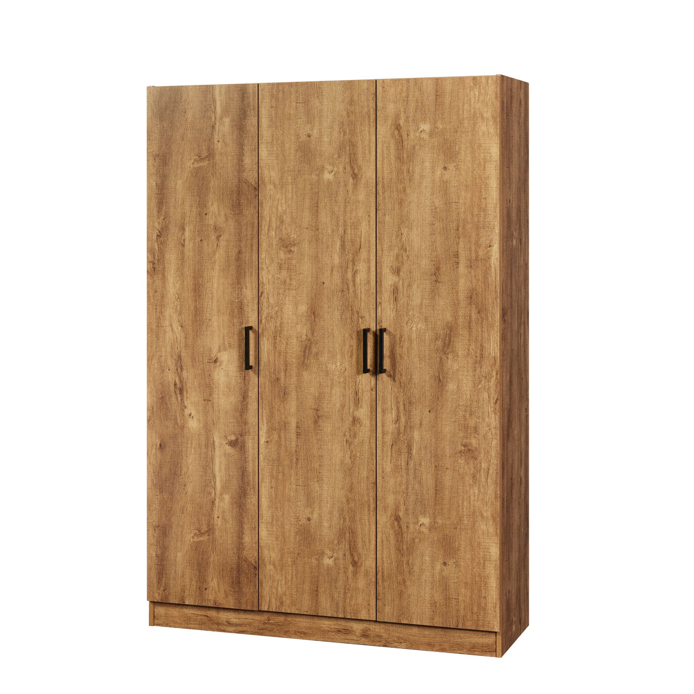 Rangement Wilson en décor papier sur panneaux de particules DENVER OAK, armoire 3 portes chêne clair vue de trois-quarts sur fond blanc