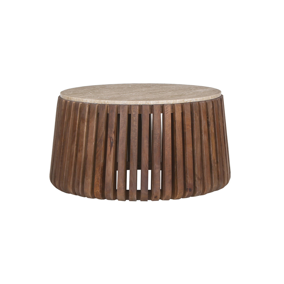 Table basse Luuk — Ronde, manguier et travertin