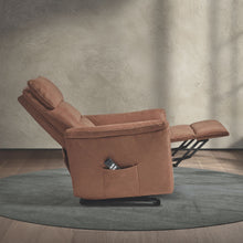 Fauteuil relax Mayenne en tissu cognac, vue de profil, entièrement allongé en position relax